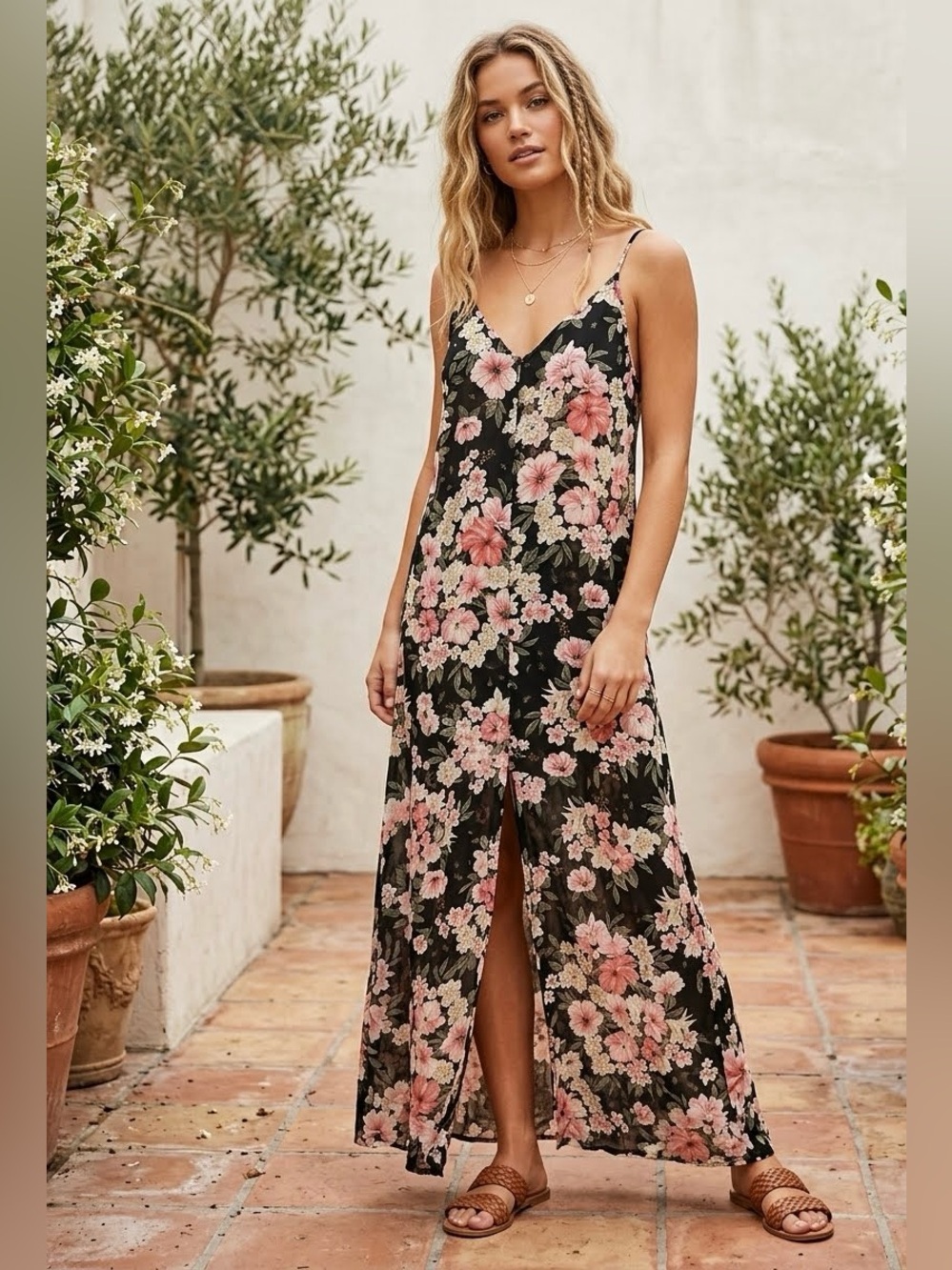 Billabong Floral Maxi Dress Black Pink Feminine Flowy Button Front